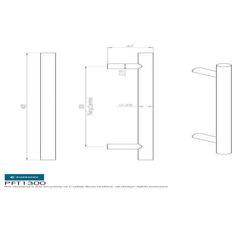 This image is a line drwaing of a Eurospec - 22mm Straight T Pull Handle 300mm Centres - Satin Stainless Steel available to order from Trade Door Handles in Kendal