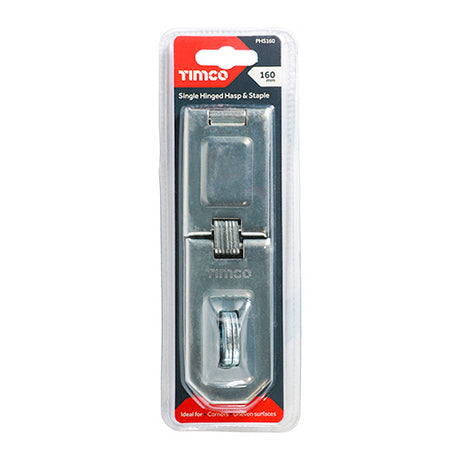 This is an image showing TIMCO Single Hinged Hasp & Staple - Zinc - 160mm - 1 Each Blister Pack available from T.H Wiggans Ironmongery in Kendal, quick delivery at discounted prices.