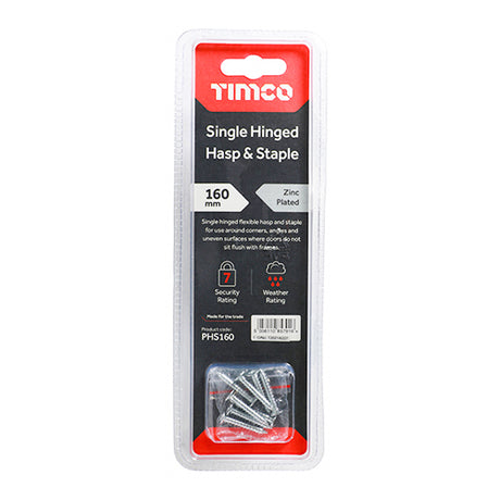 This is an image showing TIMCO Single Hinged Hasp & Staple - Zinc - 160mm - 1 Each Blister Pack available from T.H Wiggans Ironmongery in Kendal, quick delivery at discounted prices.