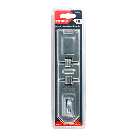 This is an image showing TIMCO Double Hinged Hasp & Staple - Zinc - 200mm - 1 Each Blister Pack available from T.H Wiggans Ironmongery in Kendal, quick delivery at discounted prices.