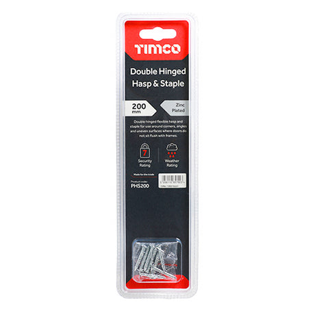 This is an image showing TIMCO Double Hinged Hasp & Staple - Zinc - 200mm - 1 Each Blister Pack available from T.H Wiggans Ironmongery in Kendal, quick delivery at discounted prices.