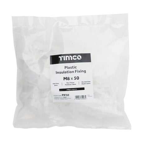 This is an image showing TIMCO Plastic Insulation Fixings - White - 8.0 x 50 - 100 Pieces Bag available from T.H Wiggans Ironmongery in Kendal, quick delivery at discounted prices.