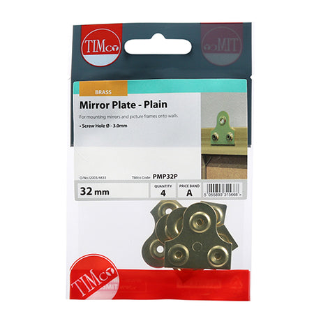 This is an image showing TIMCO Mirror Plates - Plain - Electro Brass - 32mm - 4 Pieces TIMpac available from T.H Wiggans Ironmongery in Kendal, quick delivery at discounted prices.