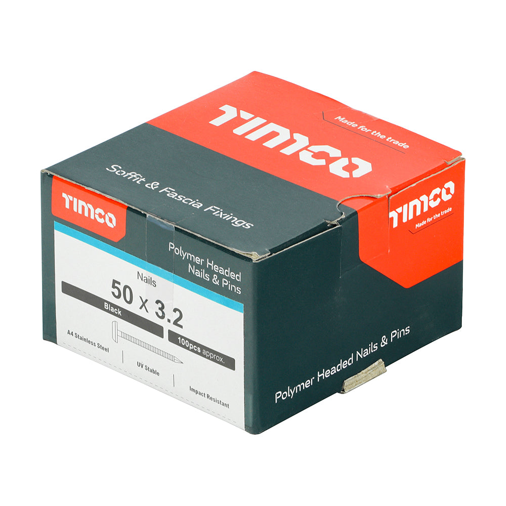 This is an image showing TIMCO Polymer Headed Nails - A4 Stainless Steel - Black - 50mm - 100 Pieces Box available from T.H Wiggans Ironmongery in Kendal, quick delivery at discounted prices.