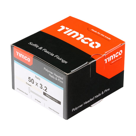 This is an image showing TIMCO Polymer Headed Nails - A4 Stainless Steel - Cream - 50mm - 100 Pieces Box available from T.H Wiggans Ironmongery in Kendal, quick delivery at discounted prices.