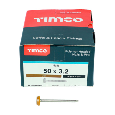 This is an image showing TIMCO Polymer Headed Nails - A4 Stainless Steel - Oak - 50mm - 100 Pieces Box available from T.H Wiggans Ironmongery in Kendal, quick delivery at discounted prices.