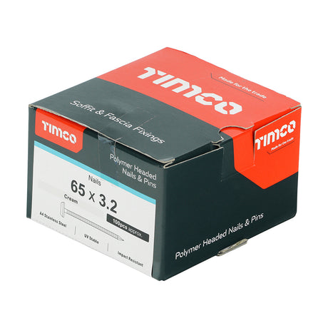 This is an image showing TIMCO Polymer Headed Nails - A4 Stainless Steel - Cream - 65mm - 100 Pieces Box available from T.H Wiggans Ironmongery in Kendal, quick delivery at discounted prices.