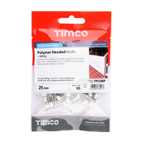 This is an image showing TIMCO Polymer Headed Pins - Stainless Steel - White - 25mm - 65 Pieces TIMpac available from T.H Wiggans Ironmongery in Kendal, quick delivery at discounted prices.