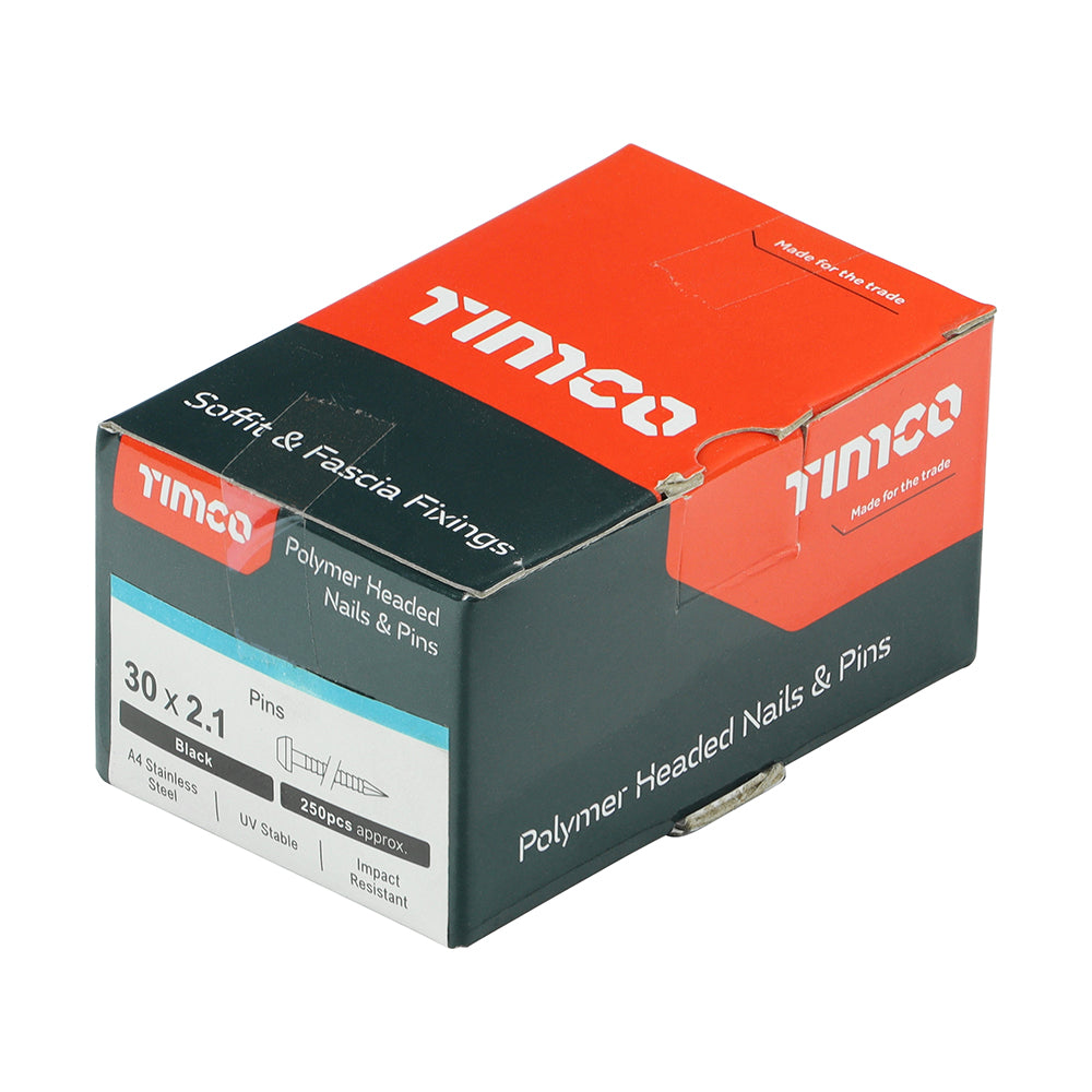 This is an image showing TIMCO Polymer Headed Pins - A4 Stainless Steel - Black - 30mm - 250 Pieces Box available from T.H Wiggans Ironmongery in Kendal, quick delivery at discounted prices.