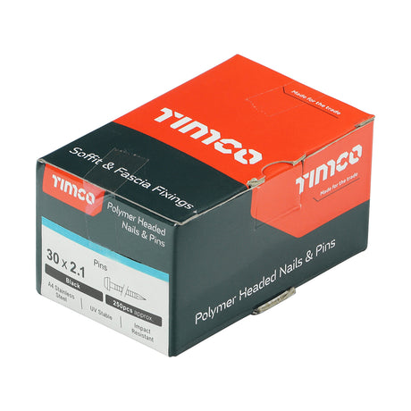 This is an image showing TIMCO Polymer Headed Pins - A4 Stainless Steel - Black - 30mm - 250 Pieces Box available from T.H Wiggans Ironmongery in Kendal, quick delivery at discounted prices.