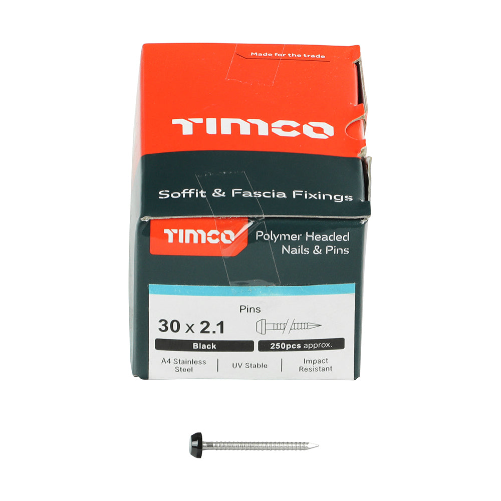 This is an image showing TIMCO Polymer Headed Pins - A4 Stainless Steel - Black - 30mm - 250 Pieces Box available from T.H Wiggans Ironmongery in Kendal, quick delivery at discounted prices.