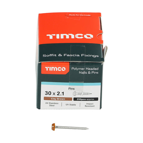 This is an image showing TIMCO Polymer Headed Pins - A4 Stainless Steel - Clay Brown - 30mm - 250 Pieces Box available from T.H Wiggans Ironmongery in Kendal, quick delivery at discounted prices.