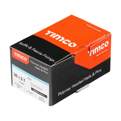 This is an image showing TIMCO Polymer Headed Pins - A4 Stainless Steel - Cream - 30mm - 250 Pieces Box available from T.H Wiggans Ironmongery in Kendal, quick delivery at discounted prices.