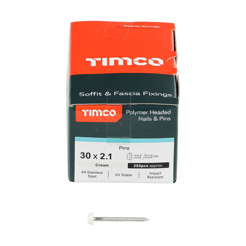 This is an image showing TIMCO Polymer Headed Pins - A4 Stainless Steel - Cream - 30mm - 250 Pieces Box available from T.H Wiggans Ironmongery in Kendal, quick delivery at discounted prices.