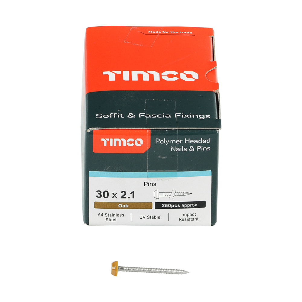 This is an image showing TIMCO Polymer Headed Pins - A4 Stainless Steel - Oak - 30mm - 250 Pieces Box available from T.H Wiggans Ironmongery in Kendal, quick delivery at discounted prices.