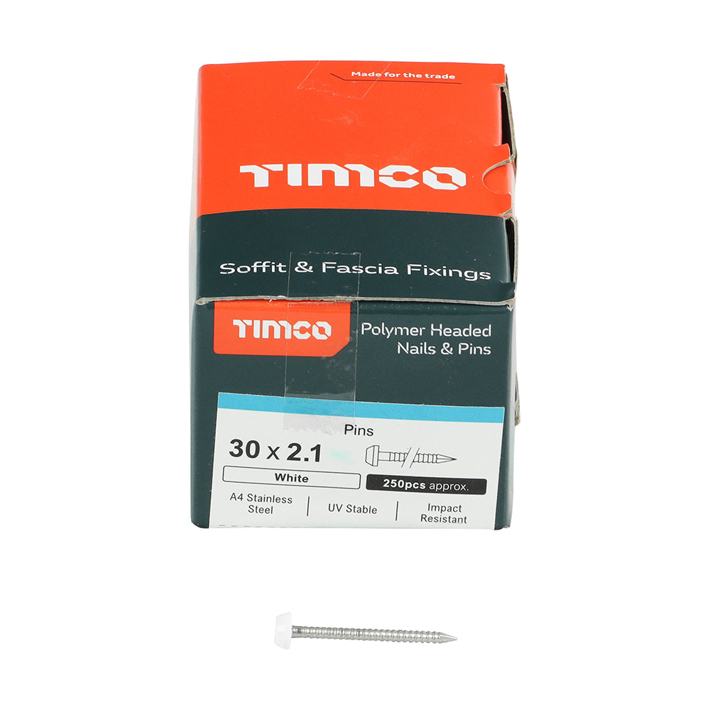 This is an image showing TIMCO Polymer Headed Pins - A4 Stainless Steel - White - 30mm - 250 Pieces Box available from T.H Wiggans Ironmongery in Kendal, quick delivery at discounted prices.