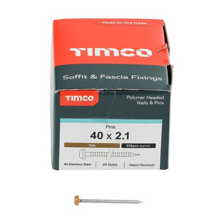 This is an image showing TIMCO Polymer Headed Pins - A4 Stainless Steel - Oak - 40mm - 250 Pieces Box available from T.H Wiggans Ironmongery in Kendal, quick delivery at discounted prices.