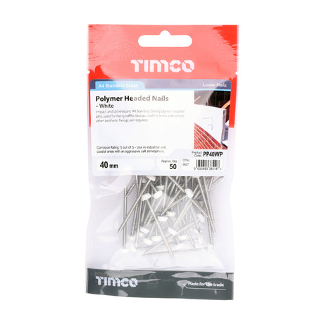 This is an image showing TIMCO Polymer Headed Pins - Stainless Steel - White - 40mm - 50 Pieces TIMpac available from T.H Wiggans Ironmongery in Kendal, quick delivery at discounted prices.