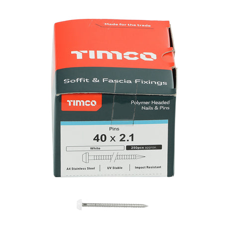 This is an image showing TIMCO Polymer Headed Pins - A4 Stainless Steel - White - 40mm - 250 Pieces Box available from T.H Wiggans Ironmongery in Kendal, quick delivery at discounted prices.