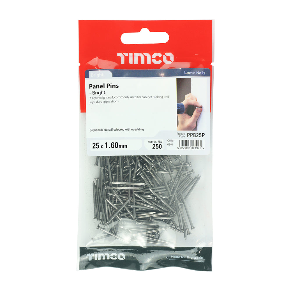 This is an image showing TIMCO Panel Pins - Bright - 25 x 1.60 - 250 Pieces TIMpac available from T.H Wiggans Ironmongery in Kendal, quick delivery at discounted prices.