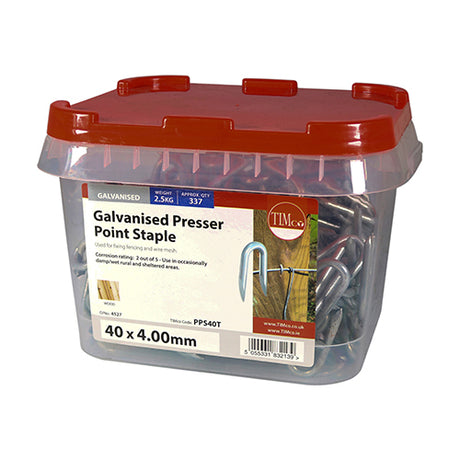 This is an image showing TIMCO Presser Point Staples - Galvanised - 40 x 4.00 - 2.5 Kilograms TIMtub available from T.H Wiggans Ironmongery in Kendal, quick delivery at discounted prices.