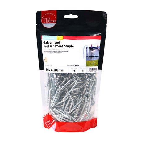 This is an image showing TIMCO Presser Point Staples - Galvanised - 50 x 4.00 - 1 Kilograms TIMbag available from T.H Wiggans Ironmongery in Kendal, quick delivery at discounted prices.