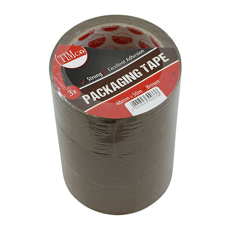 This is an image showing TIMCO Packaging Tape - Brown - 50m x 48mm - 3 Pieces Roll Pack available from T.H Wiggans Ironmongery in Kendal, quick delivery at discounted prices.