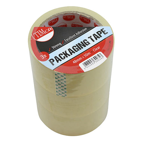 This is an image showing TIMCO Packaging Tape - Clear - 50m x 48mm - 3 Pieces Roll Pack available from T.H Wiggans Ironmongery in Kendal, quick delivery at discounted prices.
