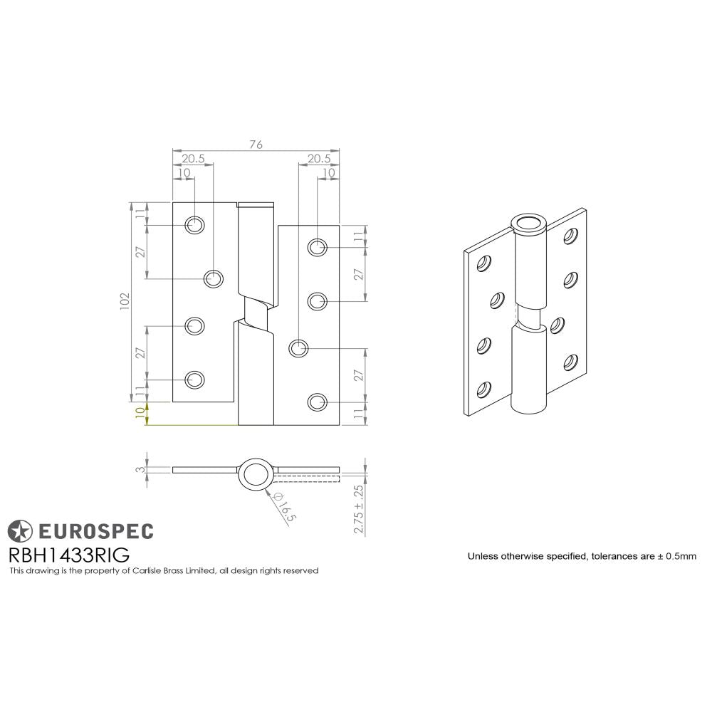 This image is a line drwaing of a Eurospec - Enduro Rising Butt Hinge R/H 102 x 76mm - SSS available to order from T.H Wiggans Architectural Ironmongery in Kendal