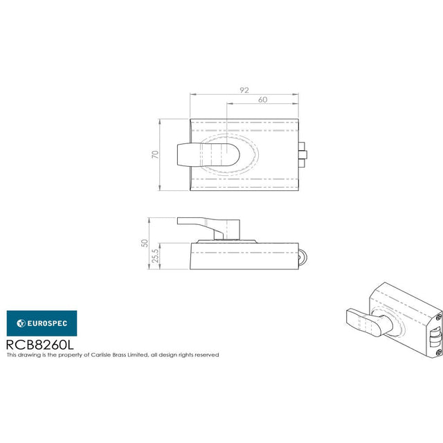 This image is a line drwaing of a Eurospec - Contract Rim Cylinder Rollerbolt - Satin Chrome available to order from T.H Wiggans Architectural Ironmongery in Kendal