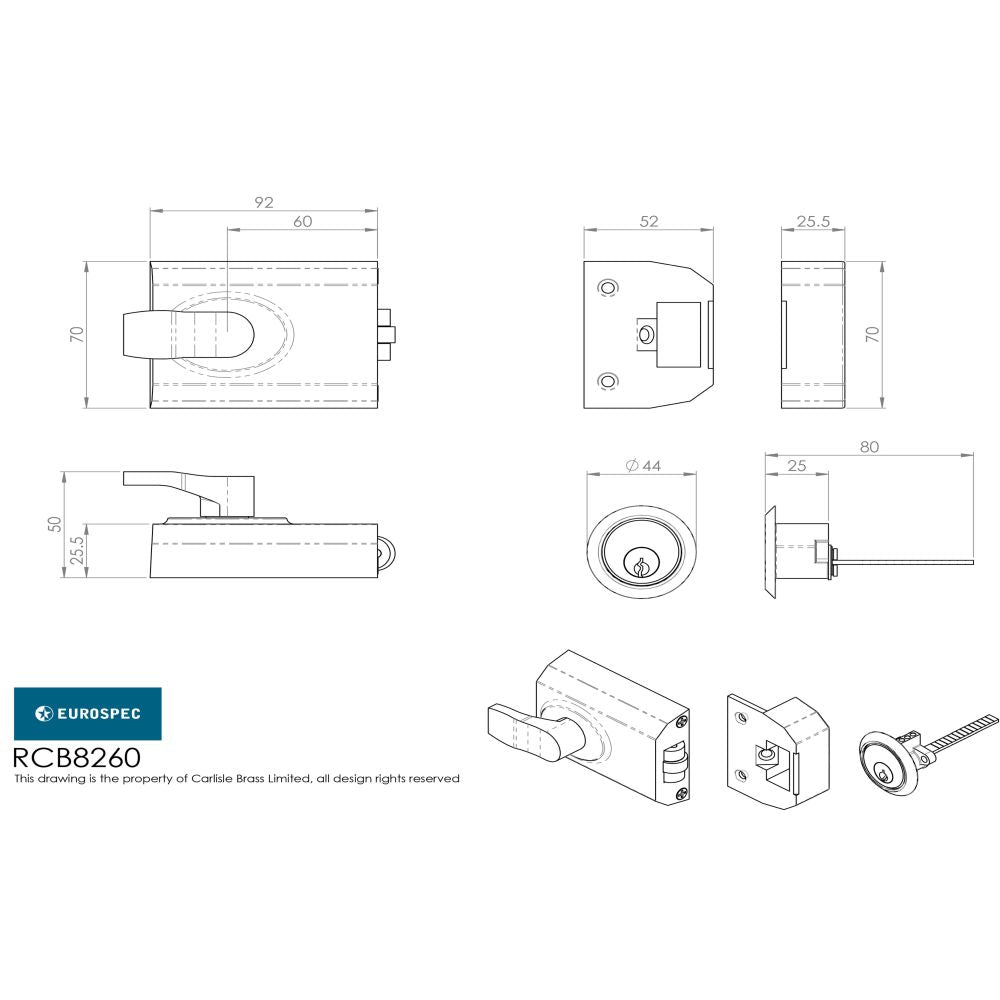 This image is a line drwaing of a Eurospec - Contract Rim Cylinder Rollerbolt 60mm - Electro Brassed available to order from T.H Wiggans Architectural Ironmongery in Kendal