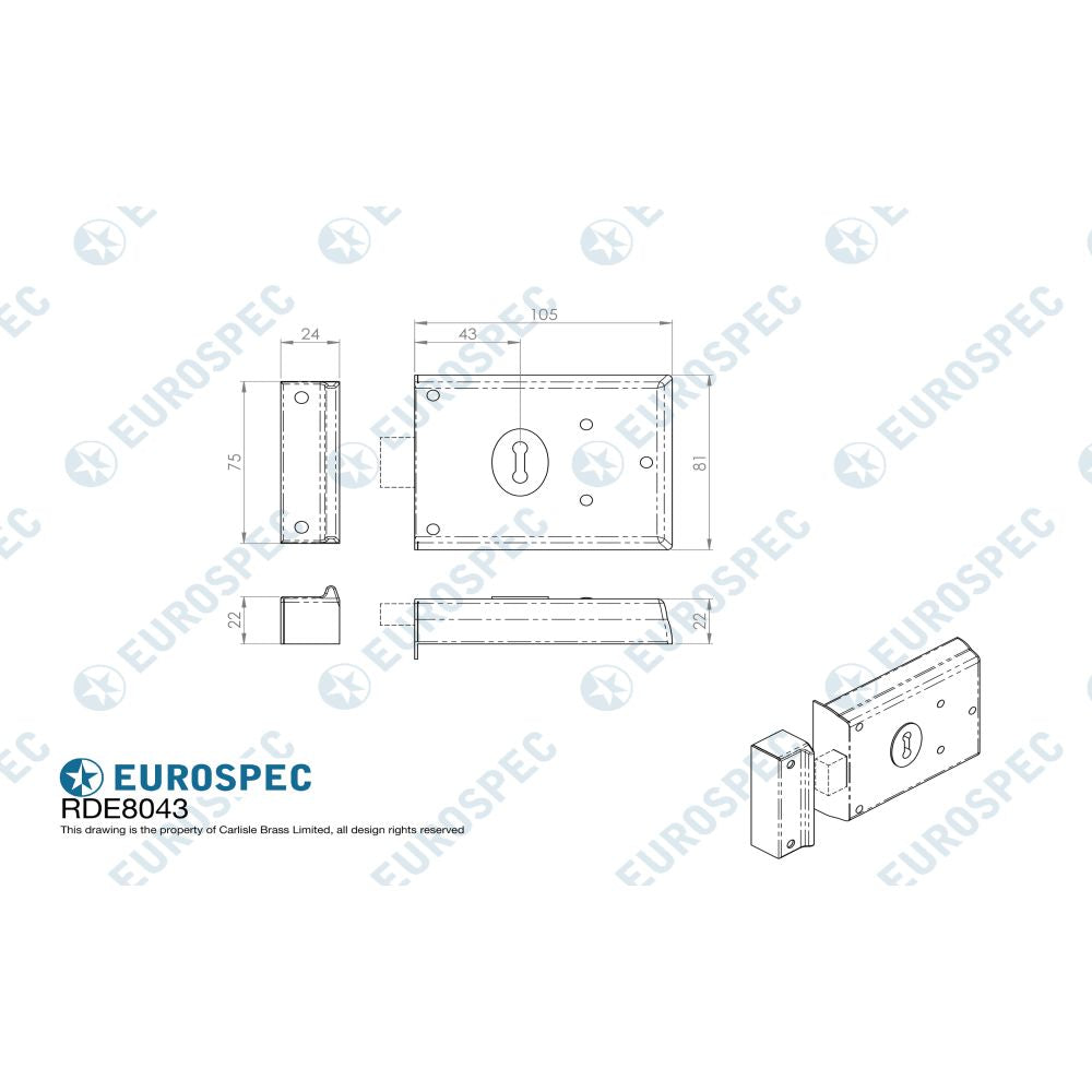 This image is a line drwaing of a Eurospec - Traditional Rim Deadlock - Satin Chrome available to order from T.H Wiggans Architectural Ironmongery in Kendal