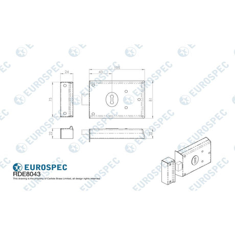 This image is a line drwaing of a Eurospec - Traditional Rim Deadlock - Satin Chrome available to order from T.H Wiggans Architectural Ironmongery in Kendal