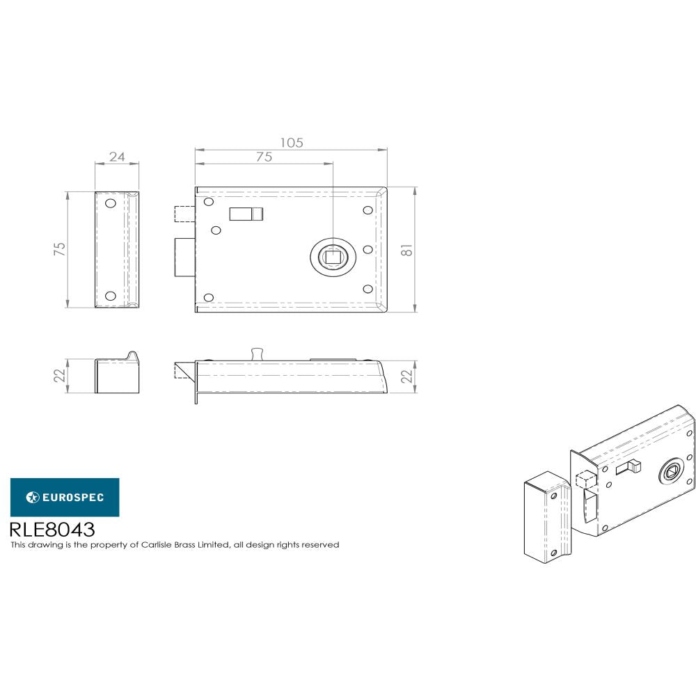 This image is a line drwaing of a Eurospec - Traditional Rim Latch - Satin Chrome available to order from T.H Wiggans Architectural Ironmongery in Kendal