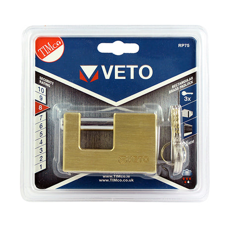 This is an image showing TIMCO Rectangular Brass Padlock - 75mm - 1 Each Blister Pack available from T.H Wiggans Ironmongery in Kendal, quick delivery at discounted prices.