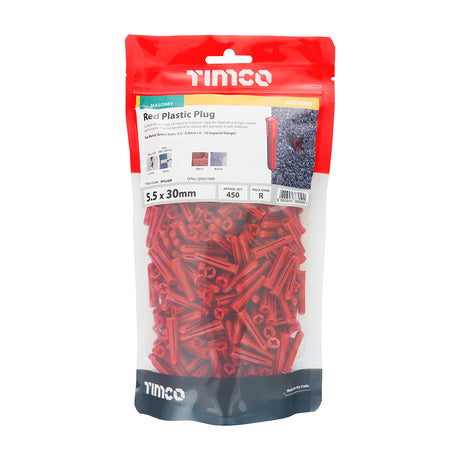 This is an image showing TIMCO Plastic Plugs - Red - 30mm - 450 Pieces TIMbag available from T.H Wiggans Ironmongery in Kendal, quick delivery at discounted prices.