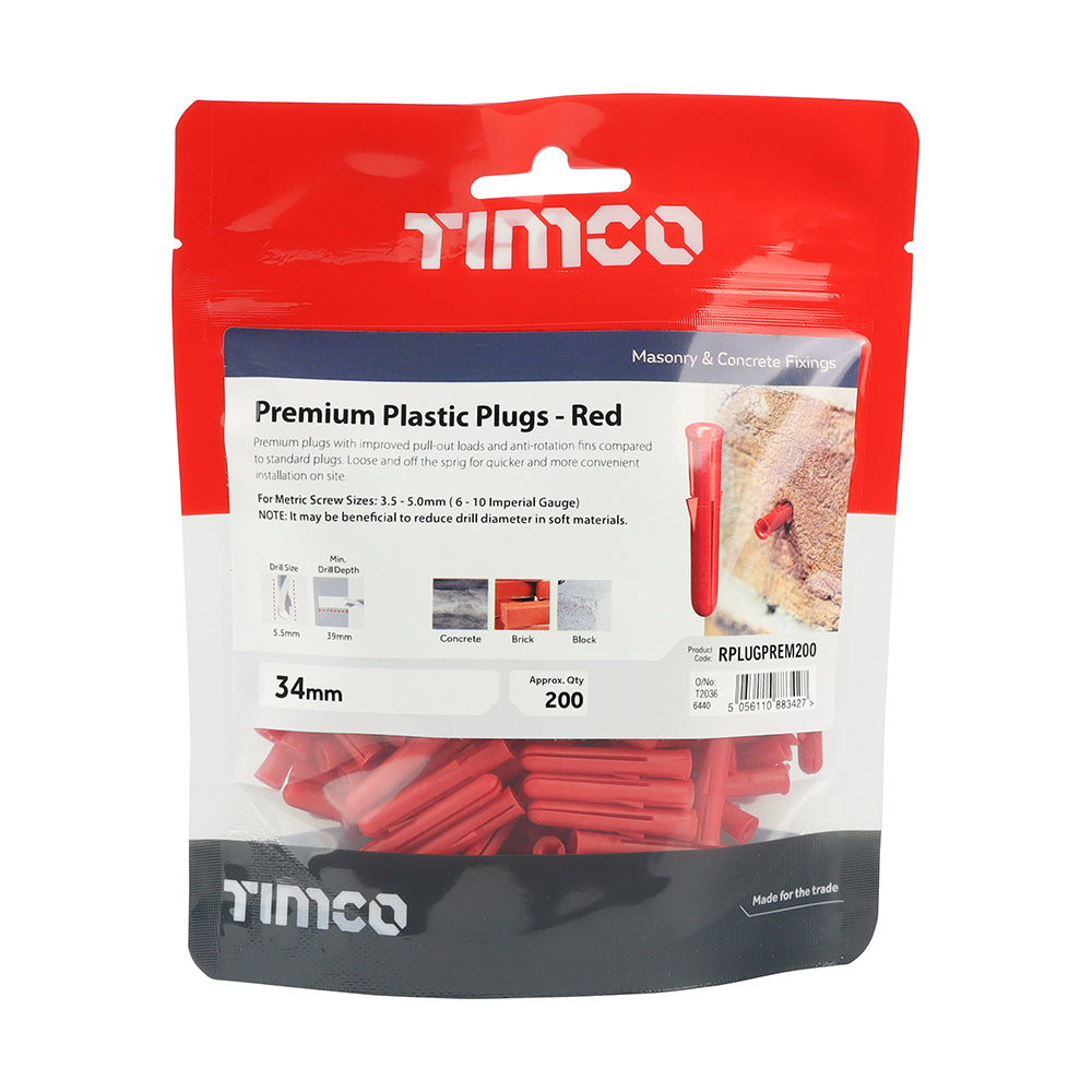This is an image showing TIMCO Premium Plastic Plugs - Red - 34mm - 200 Pieces TIMbag available from T.H Wiggans Ironmongery in Kendal, quick delivery at discounted prices.