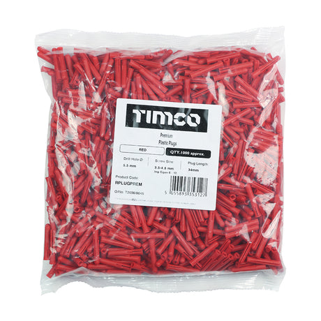 This is an image showing TIMCO Premium Plastic Plugs - Red - 34mm - 1000 Pieces Bag available from T.H Wiggans Ironmongery in Kendal, quick delivery at discounted prices.