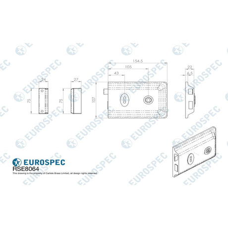 This image is a line drwaing of a Eurospec - Traditional Rim Deadlock - Satin Chrome available to order from T.H Wiggans Architectural Ironmongery in Kendal