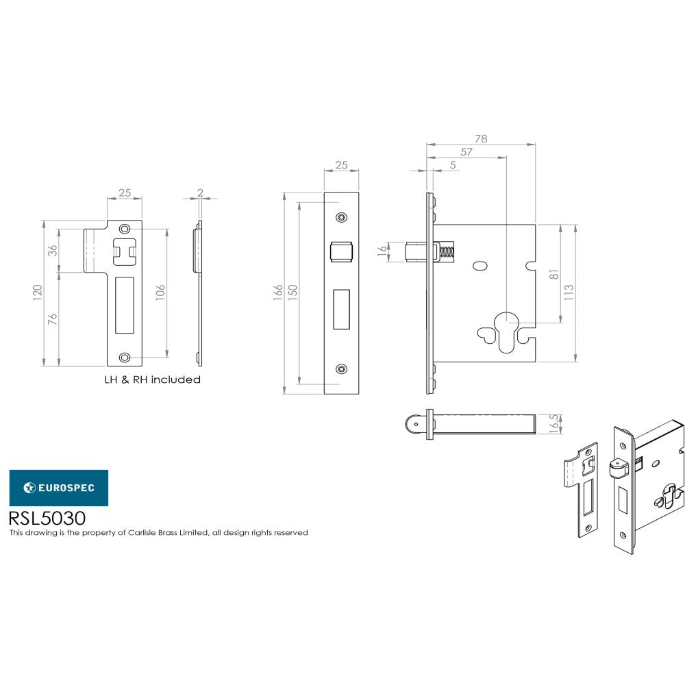 This image is a line drwaing of a Eurospec - Easi-T Roller Bolt Euro Profile Deadlock - Satin Stainless Steel available to order from T.H Wiggans Architectural Ironmongery in Kendal