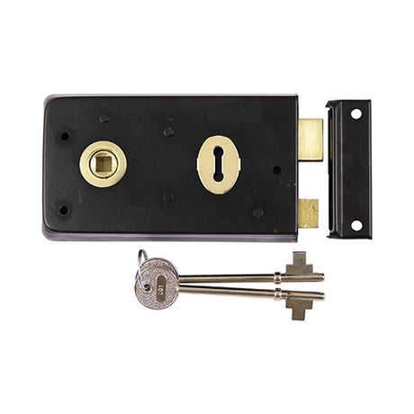 This is an image showing TIMCO Rim Sash Lock - Inward and Outward Keep - Black - 143 x 83mm - 1 Each Plain Bag available from T.H Wiggans Ironmongery in Kendal, quick delivery at discounted prices.
