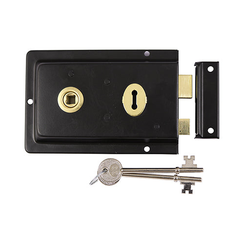 This is an image showing TIMCO Rim Sash Lock Fluted - Black - 156 x 106mm - 1 Each Plain Bag available from T.H Wiggans Ironmongery in Kendal, quick delivery at discounted prices.