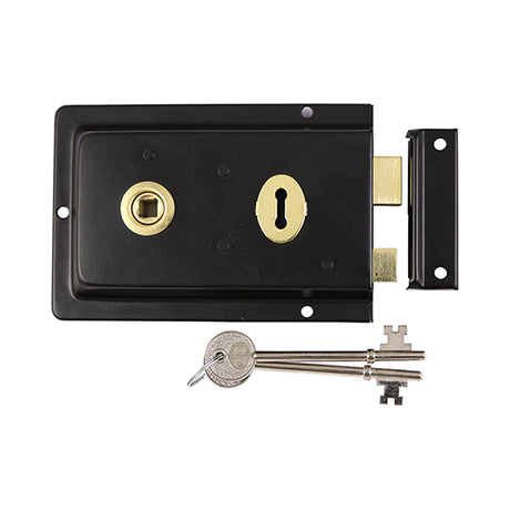 This is an image showing TIMCO Rim Sash Lock Fluted - Black - 156 x 106mm - 1 Each Plain Bag available from T.H Wiggans Ironmongery in Kendal, quick delivery at discounted prices.