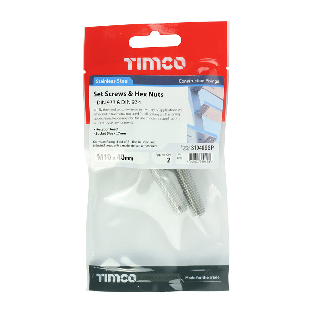 This is an image showing TIMCO Set Screws & Hex Nuts - Stainless Steel - M10 x 40 - 2 Pieces TIMpac available from T.H Wiggans Ironmongery in Kendal, quick delivery at discounted prices.