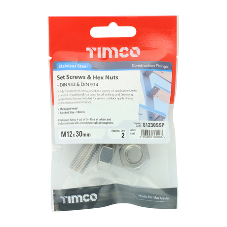 This is an image showing TIMCO Set Screws & Hex Nuts - Stainless Steel - M12 x 30 - 2 Pieces TIMpac available from T.H Wiggans Ironmongery in Kendal, quick delivery at discounted prices.