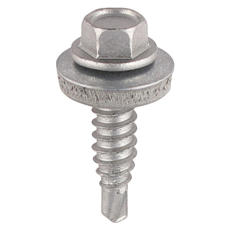 This is an image showing TIMCO Metal Construction Stitching Screws - For Sheet to Sheet - Hex - EPDM Washer - Self-Drilling - Exterior - Silver Organic - 6.3 x 22 - 100 Pieces Box available from T.H Wiggans Ironmongery in Kendal, quick delivery at discounted prices.