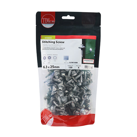 This is an image showing TIMCO Metal Construction Stitching Screws - For Sheet to Sheet - Hex - EPDM Washer - Self-Drilling - Exterior - Silver Organic - 6.3 x 25 - 120 Pieces TIMbag available from T.H Wiggans Ironmongery in Kendal, quick delivery at discounted prices.