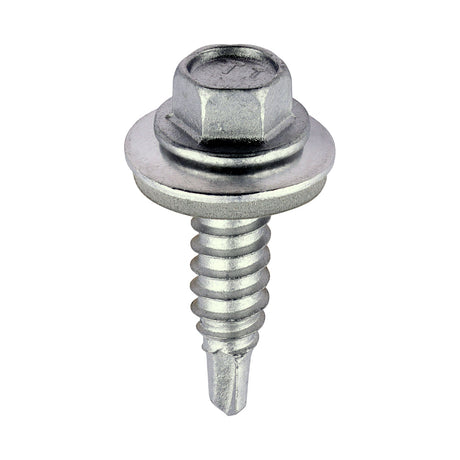 This is an image showing TIMCO Metal Construction Stitching Screws - For Sheet to Sheet - Hex - EPDM Washer - Self-Drilling - Exterior - Silver Organic - 6.3 x 25 - 100 Pieces Box available from T.H Wiggans Ironmongery in Kendal, quick delivery at discounted prices.
