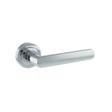 This is an image of STATUS Michigan Lever on Round Rose - Polished Chrome available to order from Trade Door Handles.