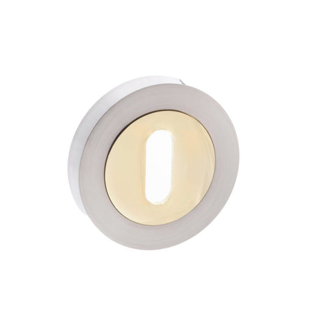 This is an image of STATUS Key Escutcheon on Round Rose - Satin Nickel/Polished Brass available to order from T.H Wiggans Architectural Ironmongery in Kendal, quick delivery and discounted prices.